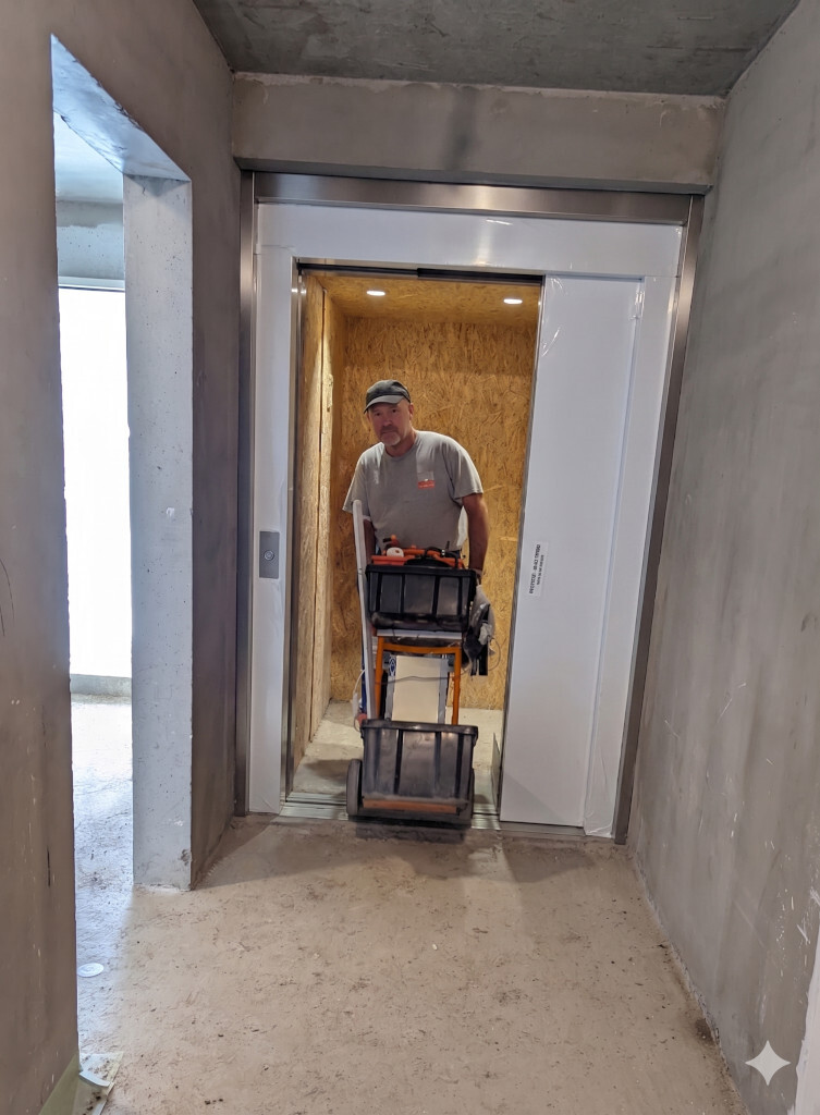 Homme poussant un chariot ascenseur